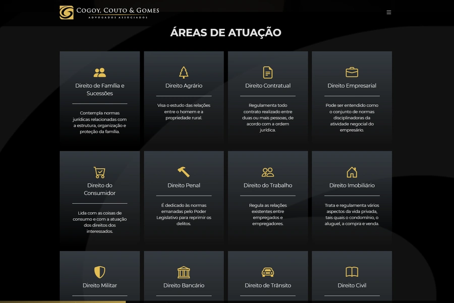 Página de área de atuação do site do Cogoy, Couto & Gomes