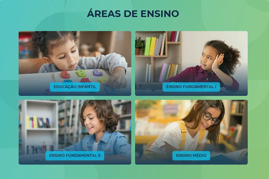 Seção de áreas de ensino do site, com os quatro segmentos do colégio: Educação Infantil, Ensino Fundamental I e II e Ensino Médio