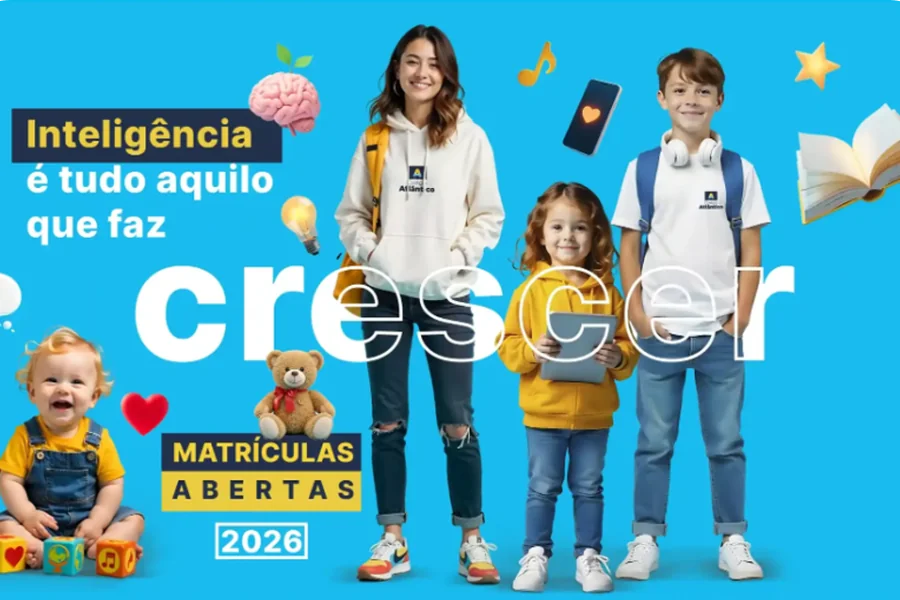 Banner da campanha de matrículas 2026 do Colégio Atlântico, com alunos de diferentes idades e a chamada "Inteligência é tudo aquilo que faz crescer"