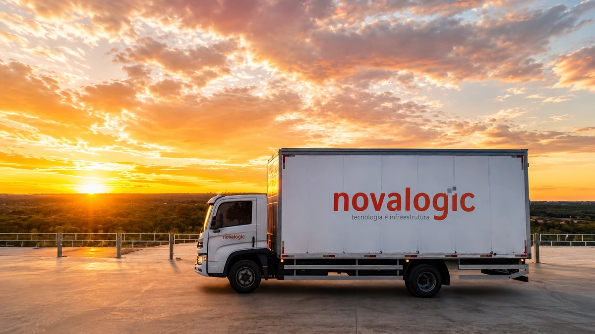 Caminhão da frota Novalogic ao entardecer