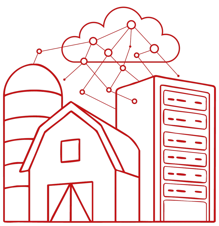 Ilustração em traço com silo, celeiro e rack de servidores sob uma nuvem de rede conectada