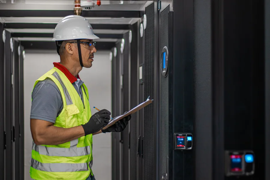 Técnico da Novalogic conferindo checklist entre os racks