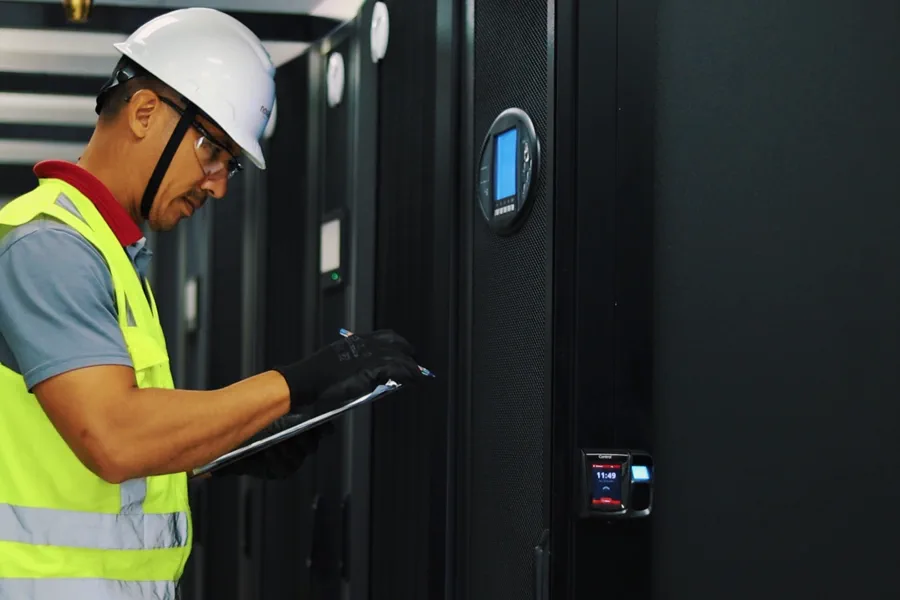 Técnico da Novalogic conferindo um rack com leitor de controle de acesso